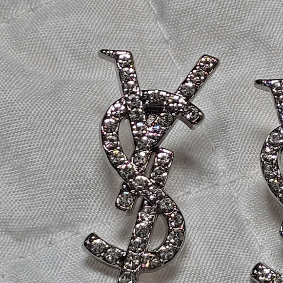<AUTH> Saint Laurent Silver Faceted Logo Earrings Stamped New - Picture 3 of 7